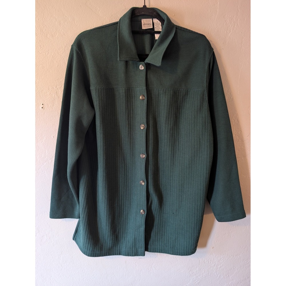 Jason Maxwell Mens M Green Ribbed Knit Button Up Shirt Vintage
